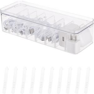 Yesesion Clear Plastic Cable Organizer Box with Adjustment Compartments, Desk Accessories Storage Case with Lid and 10 Wire Ties for Drawer, Office, Art Supply, Electronic Management