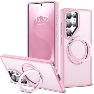 for Samsung Galaxy S25 Ultra Case with 360Rotatable Magnetic Ring Stand Compatible with Mag-Safe Military Protection Shockproof Matte Translucent Phone Cases for S25 Ultra 6.9", Pink
