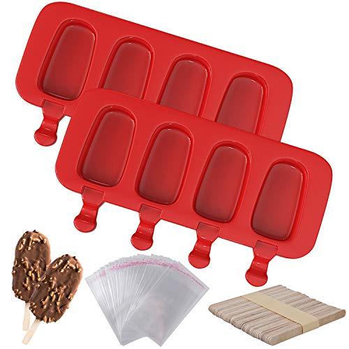 Ozera 2 Pack Popsicles Molds, Homemade Cake Pop Molds Cakesicle Molds Silicone Popcical Molds, 4 Cavities Ice Pop Cream Molds Maker with 50 Wooden Sticks & 50 Popsicle Bags for DIY Popsicles