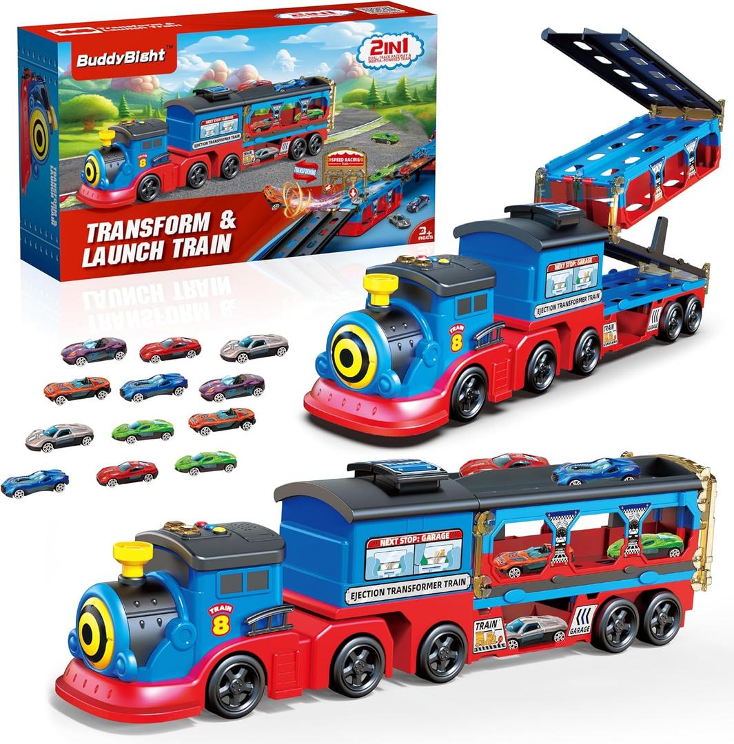 Train Set for Toddlers 2-4, Carrier Toy Trucks w/54 Inch Foldable Race Track, 12 Diecast Cars Toys Compatible with Hot Wheel, Train Set for Kids Ages 4-8 w/Light & Sound, Trains Gift for Boys Girls 3+
