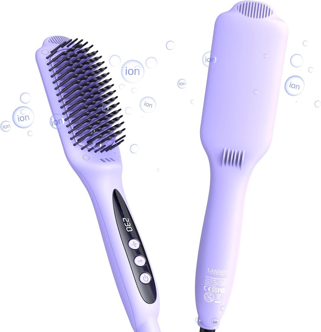 LANDOT Hair Straightener Brush for Damaged Hair - Keratin & Argan Oil Coated Bristles, Ionic Ceramic Straightening Brush to Reduce Frizz & Nourish Hair, Dual Voltage, 12 Temp 250-450F, Purple