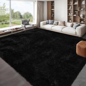 GarveeHome 9x12 Fluffy Area Rug- Shag Area Rug for Living Room, Shaggy Large Indoor Thick Living Room Carpet with Non-Slip Backing, Soft Plush Fuzzy Carpet for Bedroom, 9x12, Black