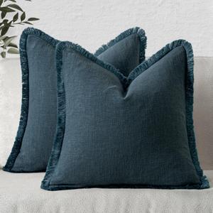 MIULEE Decorative Throw Pillow Covers Neutral Linen Fringe Throw Pillows Set of 2 Navy Blue Boho Farmhouse Cushion Covers with Tassels for Couch Sofa Bed Living Room Spring Home Decor 20x20 Inch