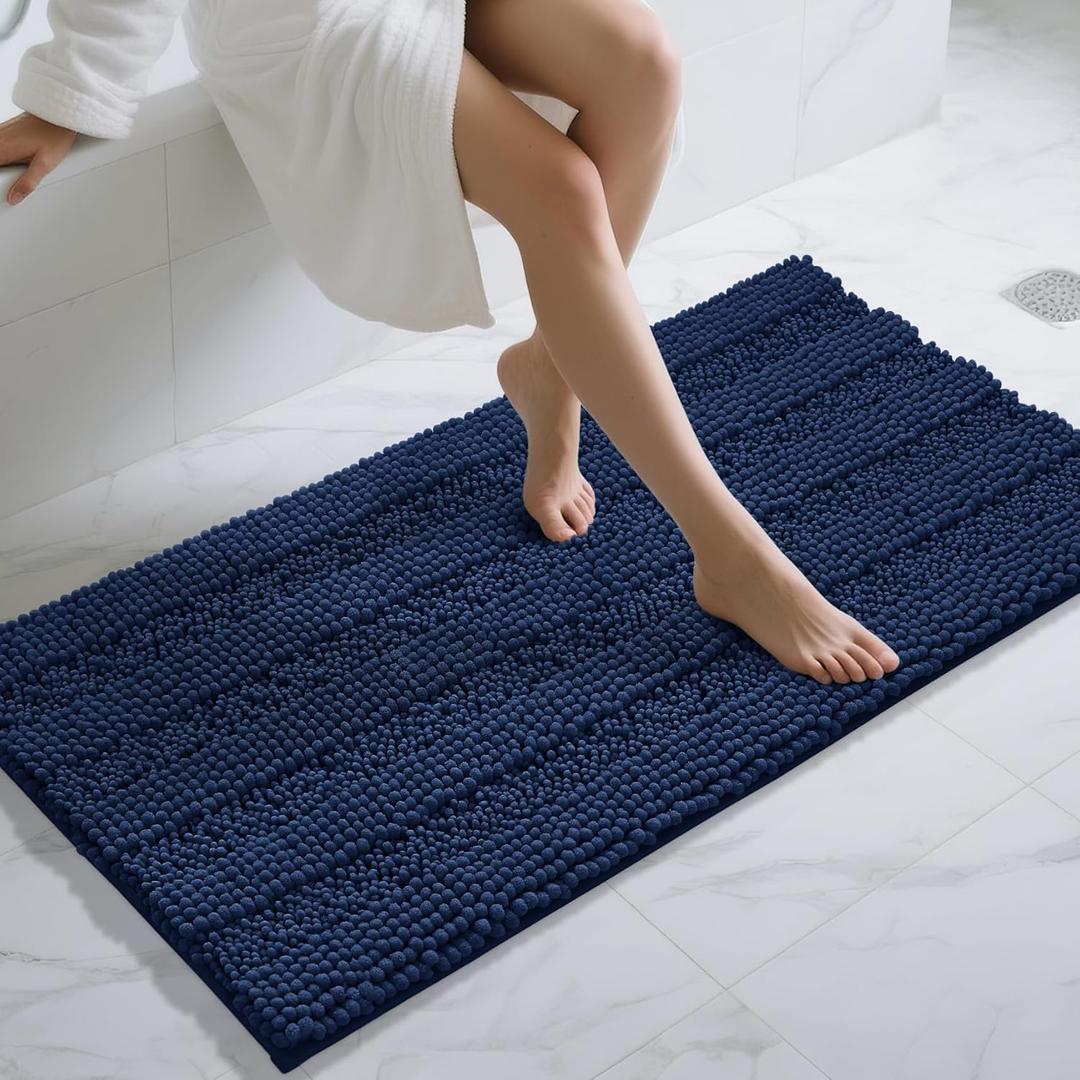 Yimobra Bathroom Rug Mat 47 x 24, Non Slip and Super Absorbent Bath Mat, Machine Washable Quick Dry, Ultra Plush Chenille Shower Rugs for Bathroom Floor Sink Tub and Shower Outside, Navy Blue