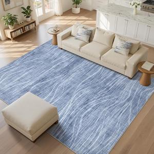 WITSHOCK 9x13 Area Rug, Washable Rugs for Living Room, Large Carpet Non-Slip Stain Resistant Soft Thin Rug, Modern Striped Rugs for Bedroom Dining Room Office Kitchen Nursery, Blue