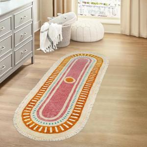 Lukinbox Boho Bathroom Runner Rugs with Fringes, 2x6 Oval Sun Washable Hallway Runner Rug, Extra Long Soft Non-Slip Rainbow Area Rug for Kitchen Laundry Room Entryway (Orange)