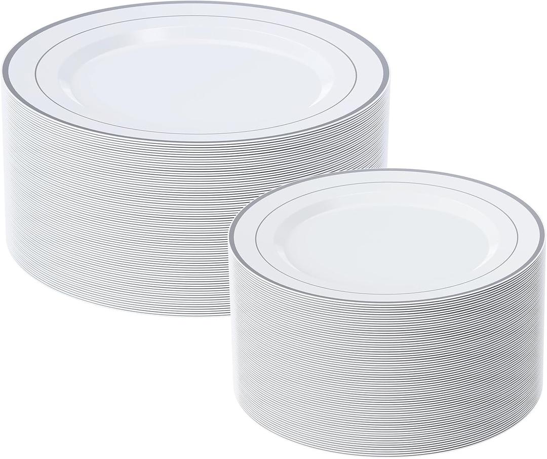 FOCUSLINE Silver Plastic Plates Set of 60, Disposable Plates with Silver Rim 30 Dinner Plates 10" and 30 Salad Dessert Appetizer Plate 7", Elegant Fancy Heavy Duty Wedding Party Plates
