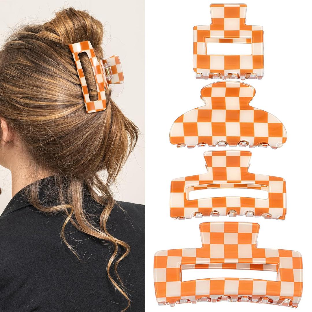 4Pcs Checkered Hair Claw Clips, Non-Slip Hair Jaw Clips for Thick, Thin, Curly, Straight, Long Hair, Simple Style Orange and White Square Claw Clips, Women's Hair Accessories