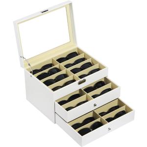 AUTOARK Leather 24 Piece Eyeglasses Storage and Sunglass Glasses Display Drawer Lockable Case Organizer,White,AW-172