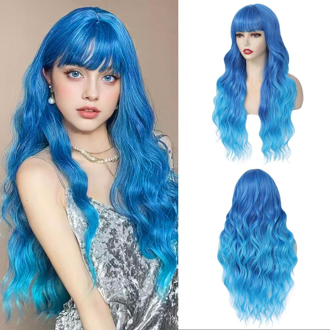 Long Blue Wavy Wig With Bangs for Women 26 Inch Curly Wavy Wig With Bangs Natural Looking Synthetic Heat Resistant Fiber Wig for Daily Party Use