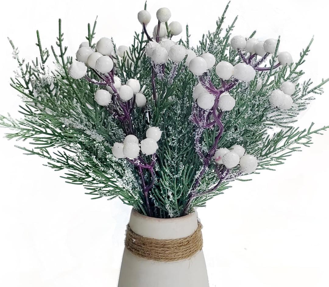 24 Pcs Artificial Snowy Pine Branches with Berry Stems,11.5" Faux Evergreen Pine Picks Fake Foliage Sprigs Greenery Stems for Christmas Wreath Making DIY Crafts Vase Filler Home Decor (24, White)