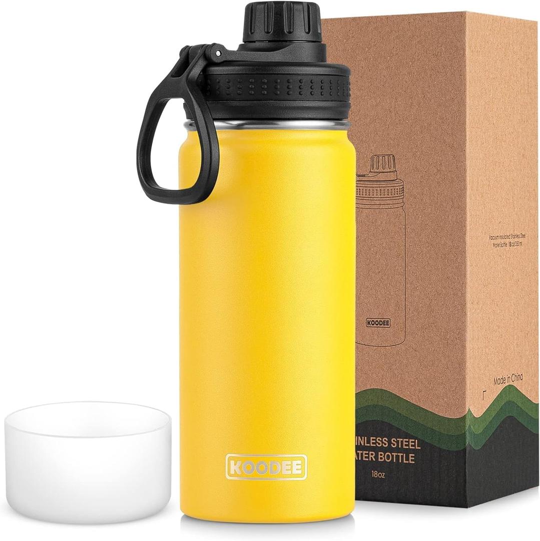 koodee Insulated Water Bottle, 18 oz Stainless Steel Double Wall Vacuum Wide Mouth Sport Water Bottle with Leakproof Spout Lid (Yellow)