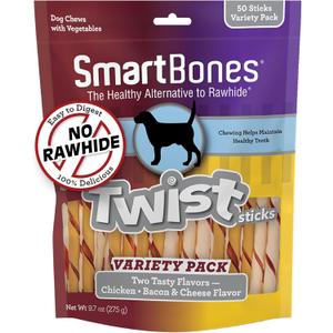 SmartBones Twist Sticks Variety Pack 50 Count, Rawhide-Free Chews For Dogs Made With Real Chicken Or Bacon And Cheese Flavor (SBM-00464)Â bbd: 11/14/2027 SmartBones Twist Sticks Variety Pack 50 Count, Rawhide-Free Chews For Dogs Made With Real Chicken Or Bacon And Cheese Flavor (SBM-00464)Â bbd: 11/14/2027