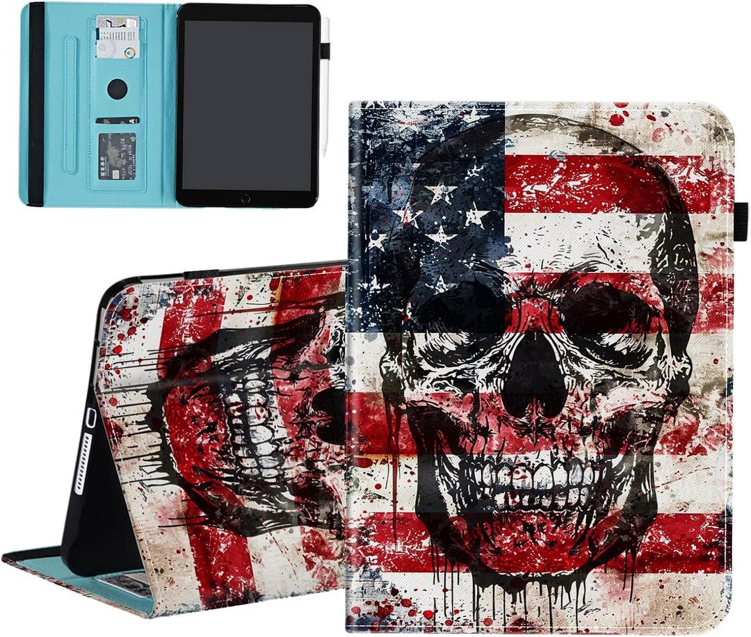 Case for iPad Air 13 inch (M3 2025 / M2 2024) / iPad Pro 12.9 inch (2022/2021/2020/2018),Wallet PU Leather Folio Cover Multi-Angle Stand with Auto Wake/Sleep,American Flag Skull