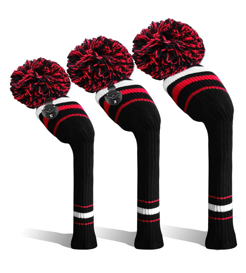 Golf Club Head Covers Knit for Woods Driver Fairway Hybrid Headcovers Knitted Pom Pom Stripes Pattern for Main 3 Wood Clubs 3 Pack