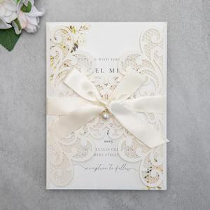 2 x 20Pcs 5.12x7.09 inch Laser Cut Wedding Invitation Cards With Envelopes and Ribbons for Quinceanera Bridal Shower Baby Shower Party Invite (lvory)