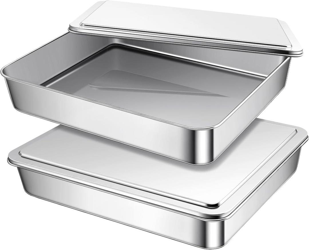 2 Sets Stainless Steel Cake Pan with Lid 9 x 11 Inch Rectangle Bread Loaf Pans with Cover Rectangle Baking Bakeware for Bread Cake Brownies, Dishwasher Safe (Classic Style)
