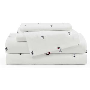 Tommy Hilfiger - Queen Bed Sheets, Crisp & Cool Cotton Percale Bedding with Matching Pillowcases, Lightweight Bed Set, Oeko-Tex Certified (Anchor and Flag Blue)