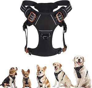 BXPAW Dog Harness No Pull, Adjustable Dog Vest Harness Super Soft, 2 Leash Clips Anti Pull, Vertical Handle Easy to Control, Reflective Night Walking for Large Breed, Black, L