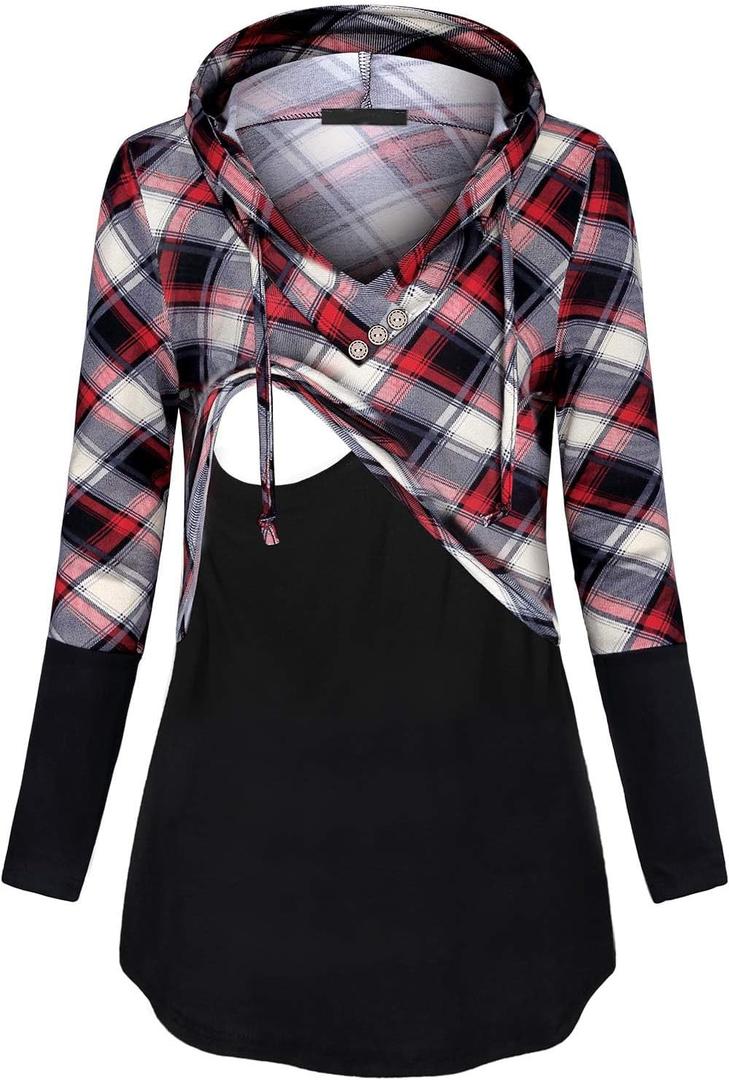 Quinee Women's Long Sleeve Plaid Colorblock Nursing Pullover Hoodie Sweatshirts (X-Large)