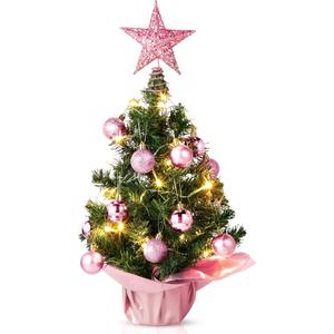 Sumind 24inch/2ft Tabletop Mini Christmas Tree Set with LED Lights, 24 Christmas Ball Ornaments, Pre-lit Small Artificial Green Tree Decoration for Xmas Table Indoor Holiday(Pink)