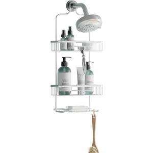 Zenna Home Rustproof Hanging Shower Caddy, Over the Shower Head Caddy with 2 Shelves and Built In Hooks, Aluminum Bathroom Hanging Organizer, Satin Chrome