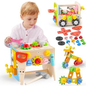 SYNCFUN Kids Tool Set, 51 PCS Wooden STEM Educational Tools for Boys and Girls, Montessori Toys for 3 4 5 6 Year Old, Learning and Construction Toys for Toddlers, Birthday Gift