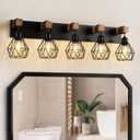 5-Light Farmhouse Bathroom Vanity Light Fixtures, Wood Bathroom Light Fixtures Over Mirror, Rustic Sconces Wall Lighting with Elegant Metal Lampshade for Living Room, Bedroom, Hallway