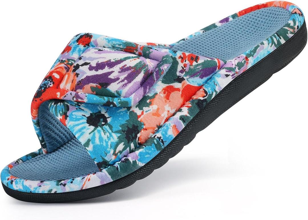 shevalues Summer House Slippers for Women with Arch Support Breathable Waffle Cotton Indoor Slippers Slip on Open Toe Home Shoes (7, Cyan Blue)