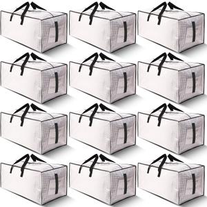 12 Pack Large Strong Moving Bags with Zippers & Carrying Handles - Water-Resistant - Heavy Duty Storage Tote for Space Saving, Fold Flat, Alternative to Moving Box (Semi-Transparent)