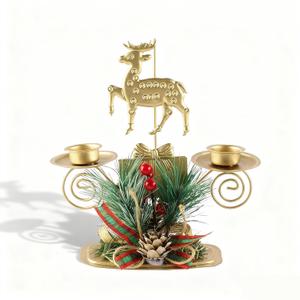 ABTOLS Reindeer Tealight Candle Holders with Red Berry, Christmas Elk Gold Candlestick Holder for Taper Candle Tea Light Holder for Table Centerpiece Festive Xmas Ornaments Home Decor