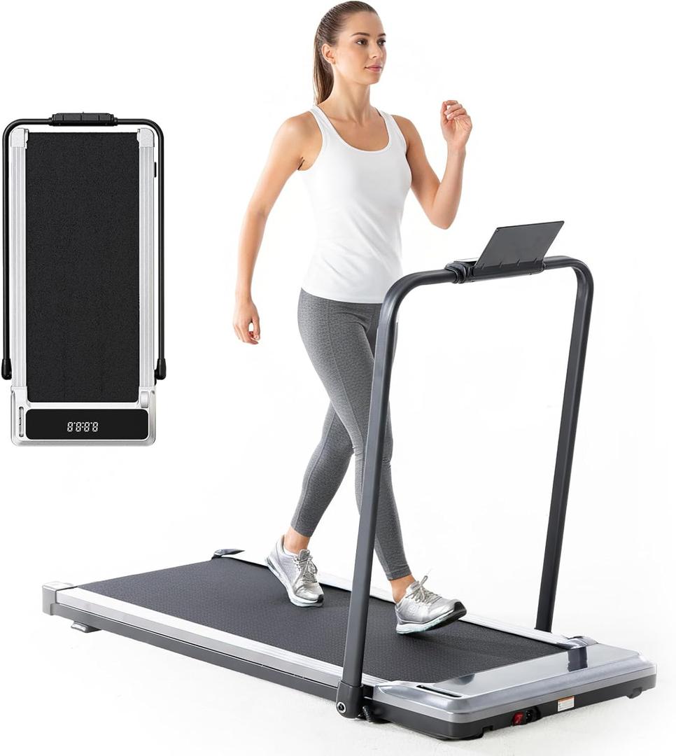 Smug Compact Armless Treadmill, Space Saving Design for Home & Office, Quiet Under Desk Walking Pad, 200 Lbs Capacity 3 in 1 Portable Walking Treadmill (with Handle, Matte Silver)