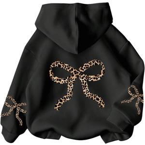COZYEASE Girl's Bow Leopard Hoodies Long Sleeve Hooded Sweatshirts Pullover Cute Tops 2000s Fall Outfits (Black,14Y)