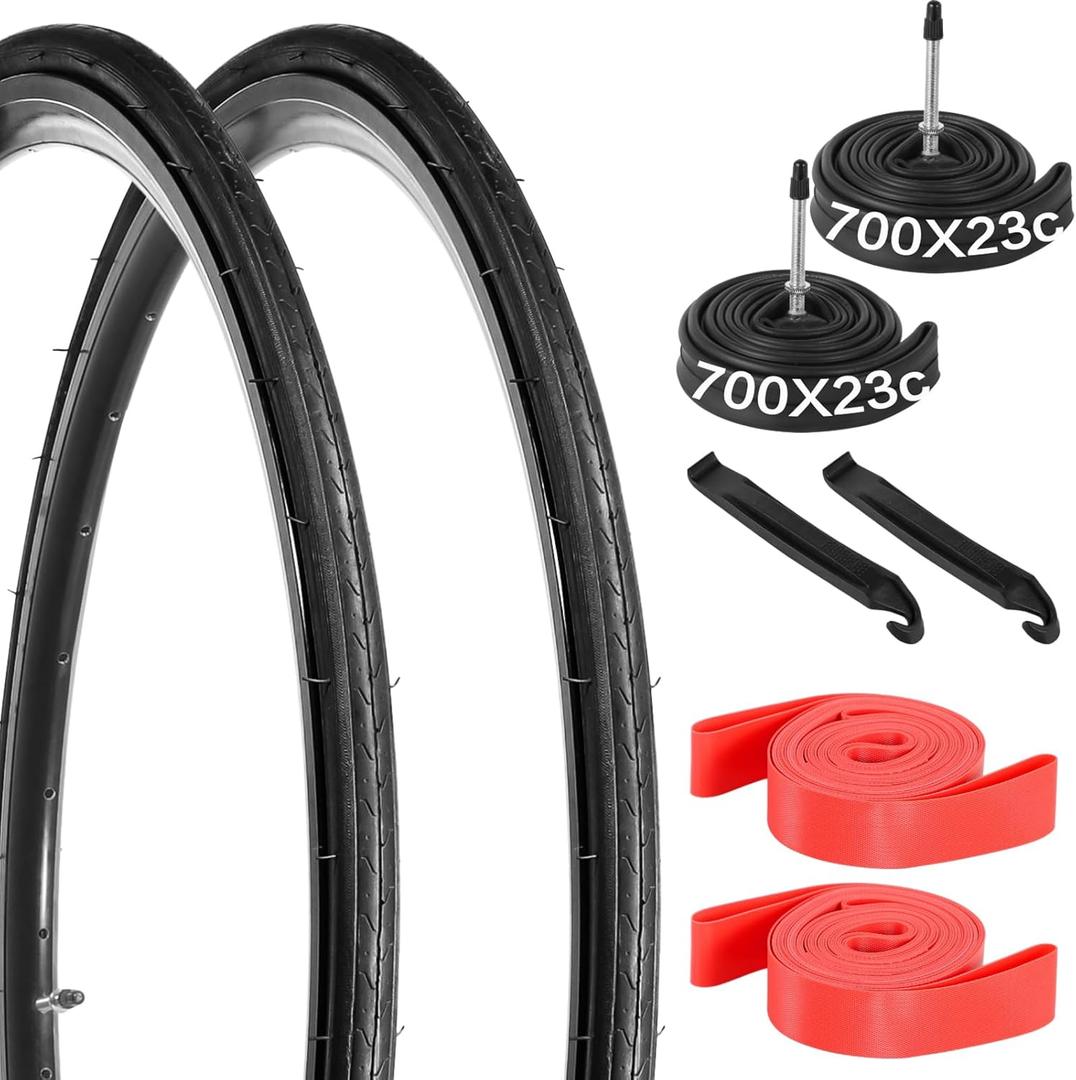 Yeesport 700 x 23c Road Bike Tires, 2 Pack Folding Bike Tires 700x23c Tire & 700x23/25/28c Road Bike Tubes with Rim Strips, 700c Bike Tire Presta Valve 60mm Replacement