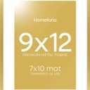 Homeforia 9x12 Gold Frame, High End Metal 9 x 12 Picture Frames with Mat 7 by 10 inch Photo, 9by12 Thin Poster Frame Matted to 7x10 Art, 12x9 Wall or Tabletop Frame, Tempered Glass, Wall Kit, Set of 1