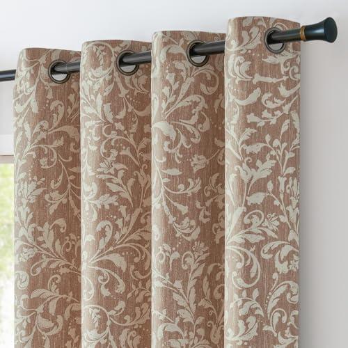 jinchan 80% Blackout Curtains for Bedroom, Farmhouse Drapes with Scroll Floral Patterned for Living Room, Grommet Top Thermal Insulated Curtains, Vintage Country Drapes 63 inch Length 2 Panels Taupe