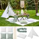 7 Pcs Boho Camping Decor Set with Teepee Tent, Large Picnic Blanket 71x71, 4 Pillow Covers & Table Runner, Aesthetic Glamping Kit for Indoor Outdoor Party, Proposal, Photoshoot(Sage Green)