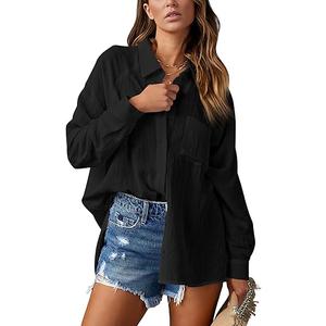 AISEW Womens Casual Button Down V Neck Shirts Raglan Long Sleeve Loose Fit Collared Work Blouses Tops with Pocket, Blue, M