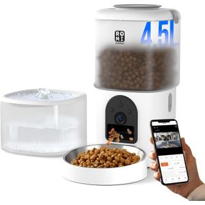 Romiromi 7L 2-in-1 Automatic Cat Feeder with Camera and Water Fountain Dispenser 1080P HD Video 2.4G&5G WiFi Timed Auto Feeder with APP Control,Multiple Cats, Detachable for Easy Clean-White