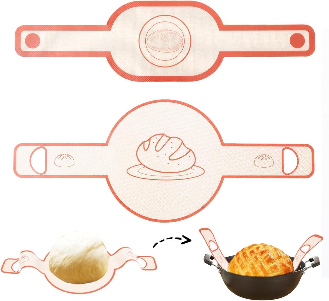 Silicone Bread Sling Dutch Oven, 2PCS Sourdough Bread Slings Oval and Round, Non Stick Reusable Silicone Baking Mat with Long Handles Sourdough Bread Baking Supplies and Making Tools, Red