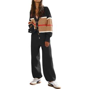Women's 2 Piece Outfit Lounge Set Trendy Cardigan Sweater Pants Sets V Neck Button Pocket Knit Matching Loungewear (Medium, Blackbrown)