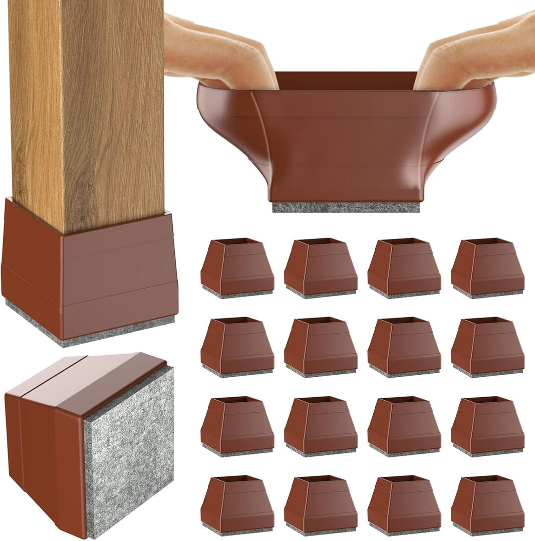 Square Chair Leg Protectors for Hardwood Floors, 16 Pcs Silicone Felt Furniture Leg Cover,(Brown 1 1/2")