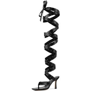 sexytag Women's Sexy Thigh High Studded Wrap Straps Heels Gladiator Lace-Up Stiletto High Heels Strappy Square Toe Thong Sandals for Clubwear Party Fashion Night Out Black Size 12