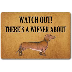Funny Welcome Doormat Funny Home Decor Doormat Anti-Slip Welcome Mats Watch Out There's A Wiener About(23.7 in X 15.6 in)Fabric Top With Anti-Slip Rubber Back For The Entrance Way Indoor Door mat