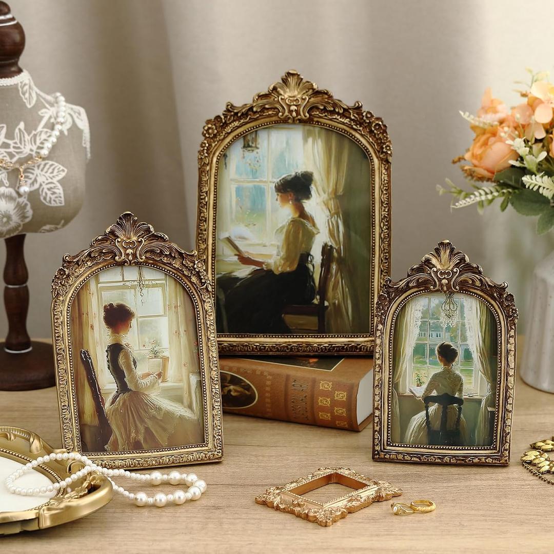 3 Pcs Vintage Picture Frames Antique Set Baroque Ornate Gold Arched Photo Frames with Glass, Tabletop or Wall for Home Decor Photography Props Gifts(4x6, 5x7, 6x8 Inches,Elegant)