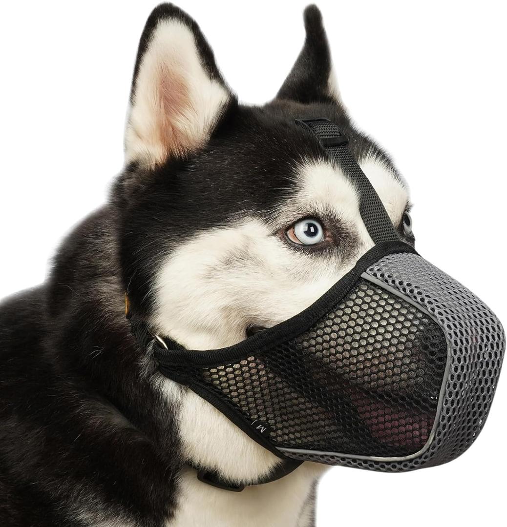 Mayerzon Dog Muzzle, Patented Mesh Soft Muzzles for Large Medium Small Dogs Poodle Husky Doberman Labrador Retriever for Scavenging Grooming Biting Chewing, Breathable Reflective Mussel with Collar (XL-(Snout:12"-13"), Black/Grey)