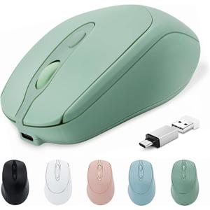 Wireless Bluetooth Mouse USBC for MacBook Air Laptop, USB C Rechargeable Wireless Mouse Compatible with Mac Desktop/Surface Pro Portable Computer Mice (BT5.2/3.0, 2.4G USB A, Type-C) (Green)