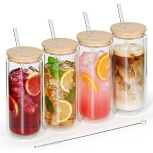 4 Pack Glass Cups with Lids and Straws 16 oz Double Wall Glass Tumbler Insulated Borosilicate Iced Glass Coffee Cups for Iced Coffee, Smoothies, Tea, Juice