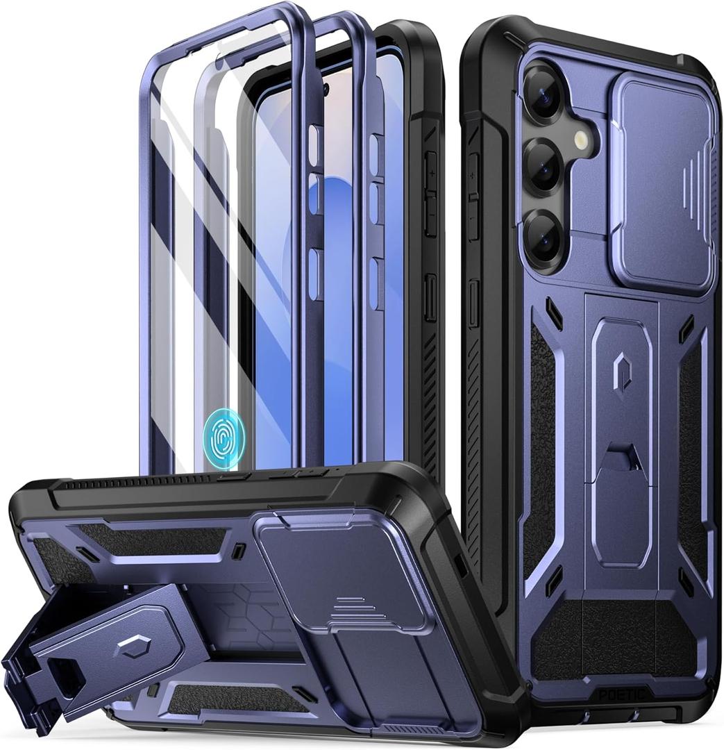 Poetic Spartan Case for Galaxy S25+ Plus 6.7", [Slide Camera Cover] [Screen Protector Works with Fingerprint ID] Military Grade Rugged Shockproof S25 Plus Phone Case with Kickstand, Midnight Blue