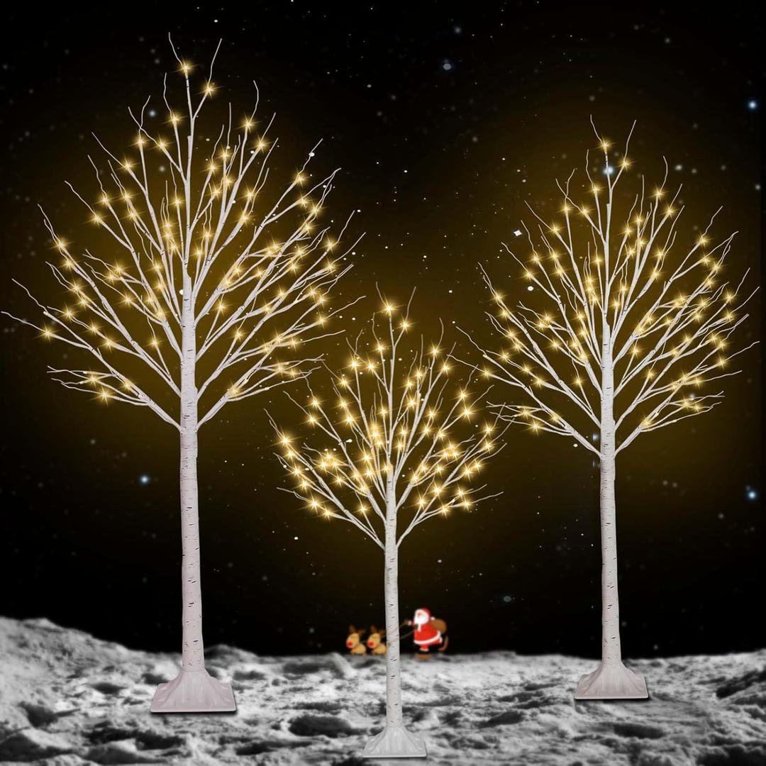 3 Pack 4FT 5FT and 6FT 300LED Christmas Lighted Birch Tree, Timer Function Prelit Artificial Tree Lamp Plug in with Warm White Lights, Twinkling Twig Trees for Indoor Outdoor Christmas Decorations